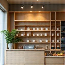 Moderni kahvilan sisustus ja teehylly