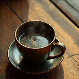 Kompassi ja teekuppi puisella pöydällä