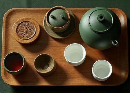 Erilaisia teekannuja ja kuppeja minimalistisessa asetelmassa