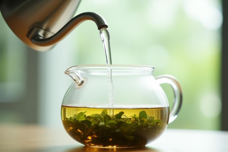 Kiehuvan veden kaataminen tarkkuuskeittimellä teelehdille