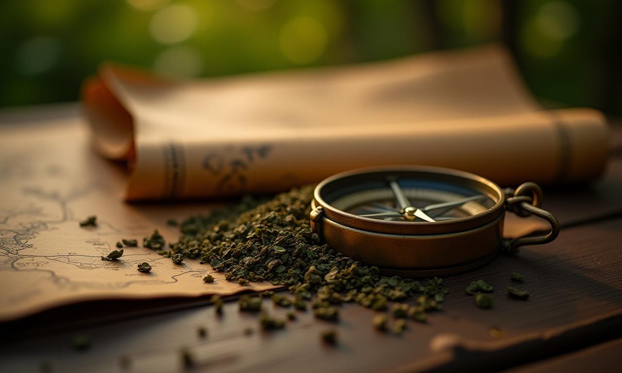 Korkealaatuisia teelehtiä ja kompassi rustiikkisella puupöydällä