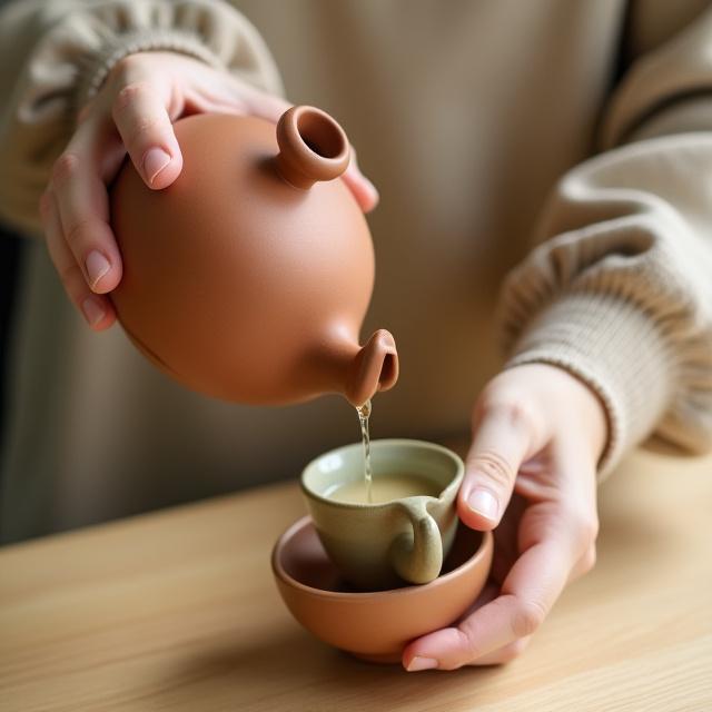 Teemestari kaatamassa teetä perinteisellä tavalla välineinään keraaminen kannu ja pienet kupit