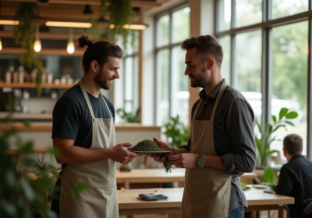 Asiantuntija ja kahvilayrittäjä keskustelevat teevalikoimasta